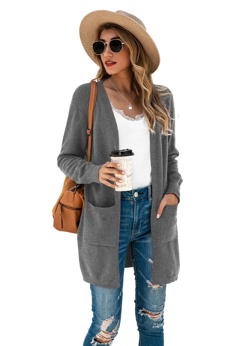 TASAMO Women's Loose Open Front Long Sleeve Solid Color Knit Cardigans Sweater Blouses with Packets (2X-Large,Gray) - Image 2